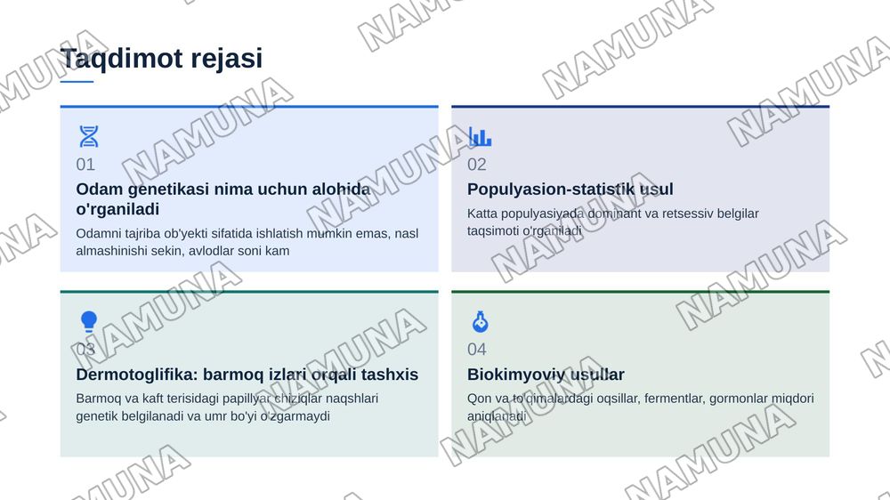 Odam genetikasining o'rganish usullari. Populyasion-statistik usul, dermotoglifika va biokimyoviy usullari — zamonaviy taqdimot, 2-slayd