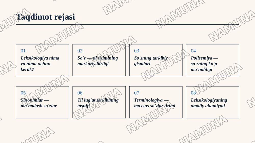 Leksikologiya va semasiologiya. So‘z — tilning markaziy birligi
Lexicology and semasiology. The word as the central unit of language
Mavzusi shu har bir betida rasm inglizcha matn va o‘sha matnnio‘zbekchasi ham manga har bir betga bir gala matn kerak emas manoli tushunarli chiroyli bo‘lsin — zamonaviy taqdimot, 2-slayd