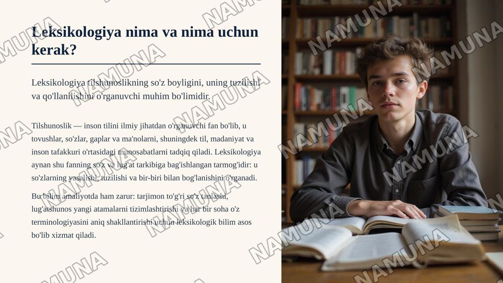 Leksikologiya va semasiologiya. So‘z — tilning markaziy birligi
Lexicology and semasiology. The word as the central unit of language
Mavzusi shu har bir betida rasm inglizcha matn va o‘sha matnnio‘zbekchasi ham manga har bir betga bir gala matn kerak emas manoli tushunarli chiroyli bo‘lsin — zamonaviy taqdimot, 3-slayd