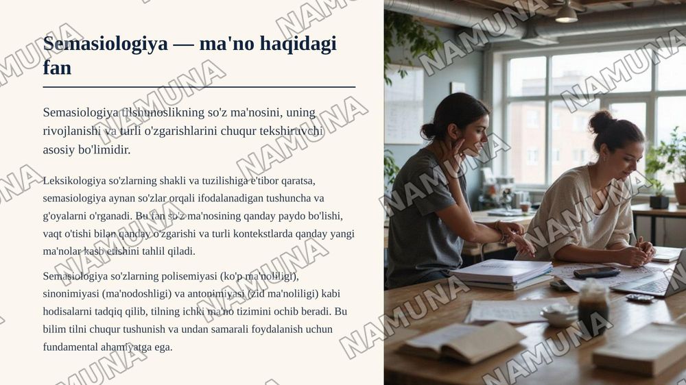 Leksikologiya va semasiologiya. So‘z — tilning markaziy birligi
Lexicology and semasiology. The word as the central unit of language
Mavzusi shu har bir betida rasm inglizcha matn va o‘sha matnnio‘zbekchasi ham manga har bir betga bir gala matn kerak emas manoli tushunarli chiroyli bo‘lsin — zamonaviy taqdimot, 4-slayd