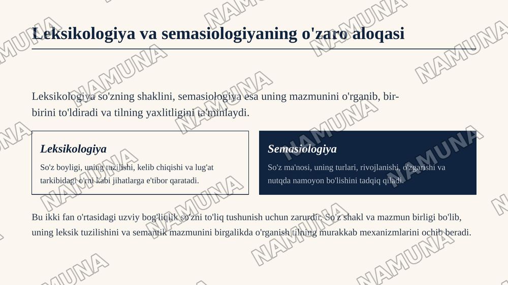 Leksikologiya va semasiologiya. So‘z — tilning markaziy birligi
Lexicology and semasiology. The word as the central unit of language
Mavzusi shu har bir betida rasm inglizcha matn va o‘sha matnnio‘zbekchasi ham manga har bir betga bir gala matn kerak emas manoli tushunarli chiroyli bo‘lsin — zamonaviy taqdimot, 5-slayd