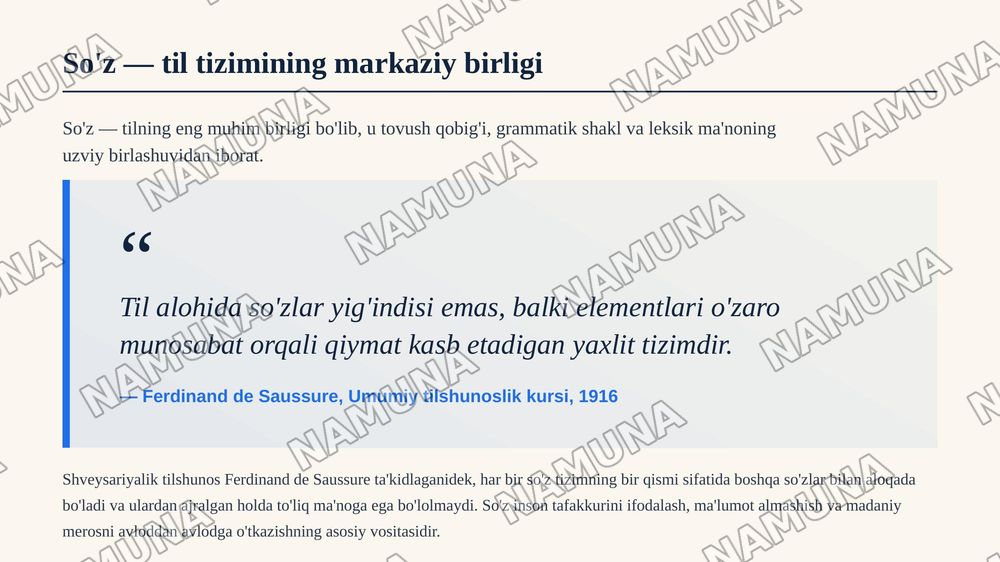 Leksikologiya va semasiologiya. So‘z — tilning markaziy birligi
Lexicology and semasiology. The word as the central unit of language
Mavzusi shu har bir betida rasm inglizcha matn va o‘sha matnnio‘zbekchasi ham manga har bir betga bir gala matn kerak emas manoli tushunarli chiroyli bo‘lsin — zamonaviy taqdimot, 6-slayd