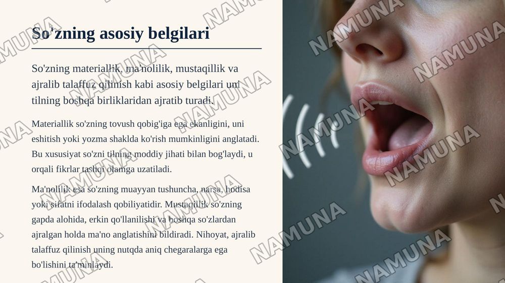Leksikologiya va semasiologiya. So‘z — tilning markaziy birligi
Lexicology and semasiology. The word as the central unit of language
Mavzusi shu har bir betida rasm inglizcha matn va o‘sha matnnio‘zbekchasi ham manga har bir betga bir gala matn kerak emas manoli tushunarli chiroyli bo‘lsin — zamonaviy taqdimot, 7-slayd