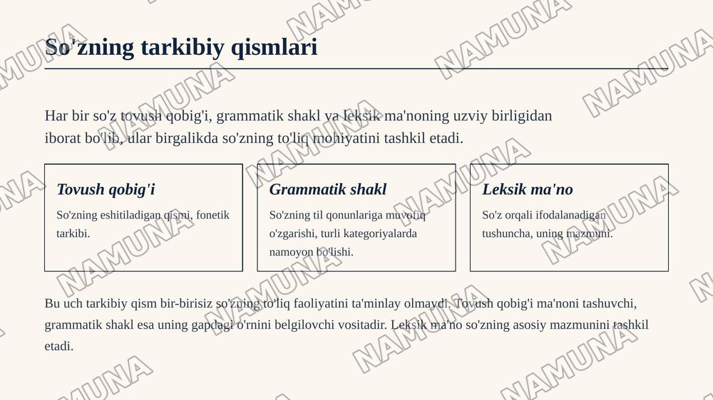 Leksikologiya va semasiologiya. So‘z — tilning markaziy birligi
Lexicology and semasiology. The word as the central unit of language
Mavzusi shu har bir betida rasm inglizcha matn va o‘sha matnnio‘zbekchasi ham manga har bir betga bir gala matn kerak emas manoli tushunarli chiroyli bo‘lsin — zamonaviy taqdimot, 8-slayd