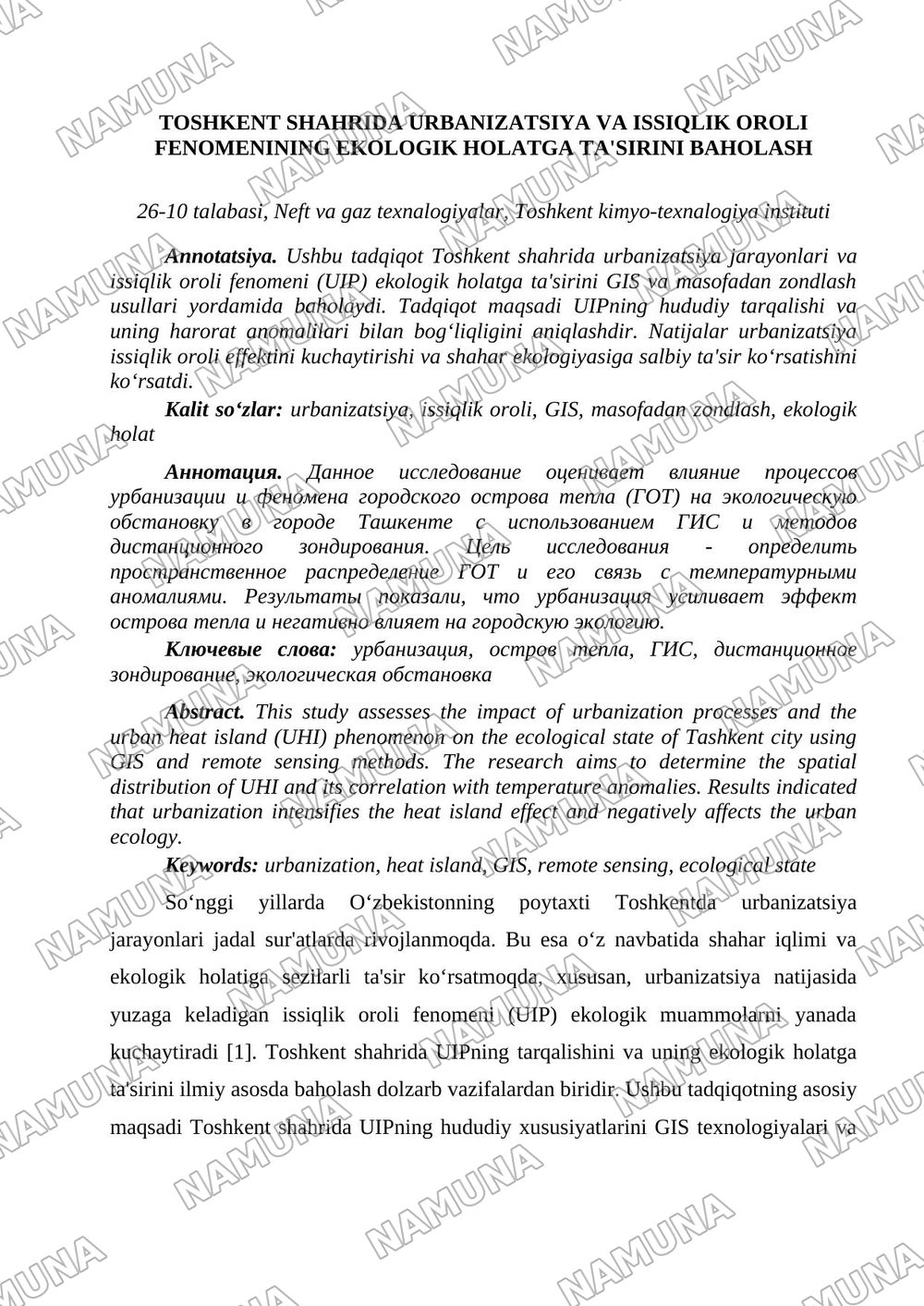 1.Toshkent shahrida urbanization va issiqlik oroli fenomenining ekologik holatga ta'sirini GIS va masofadan zondlas usuli asosida baxolash — tezis, 1-varaq