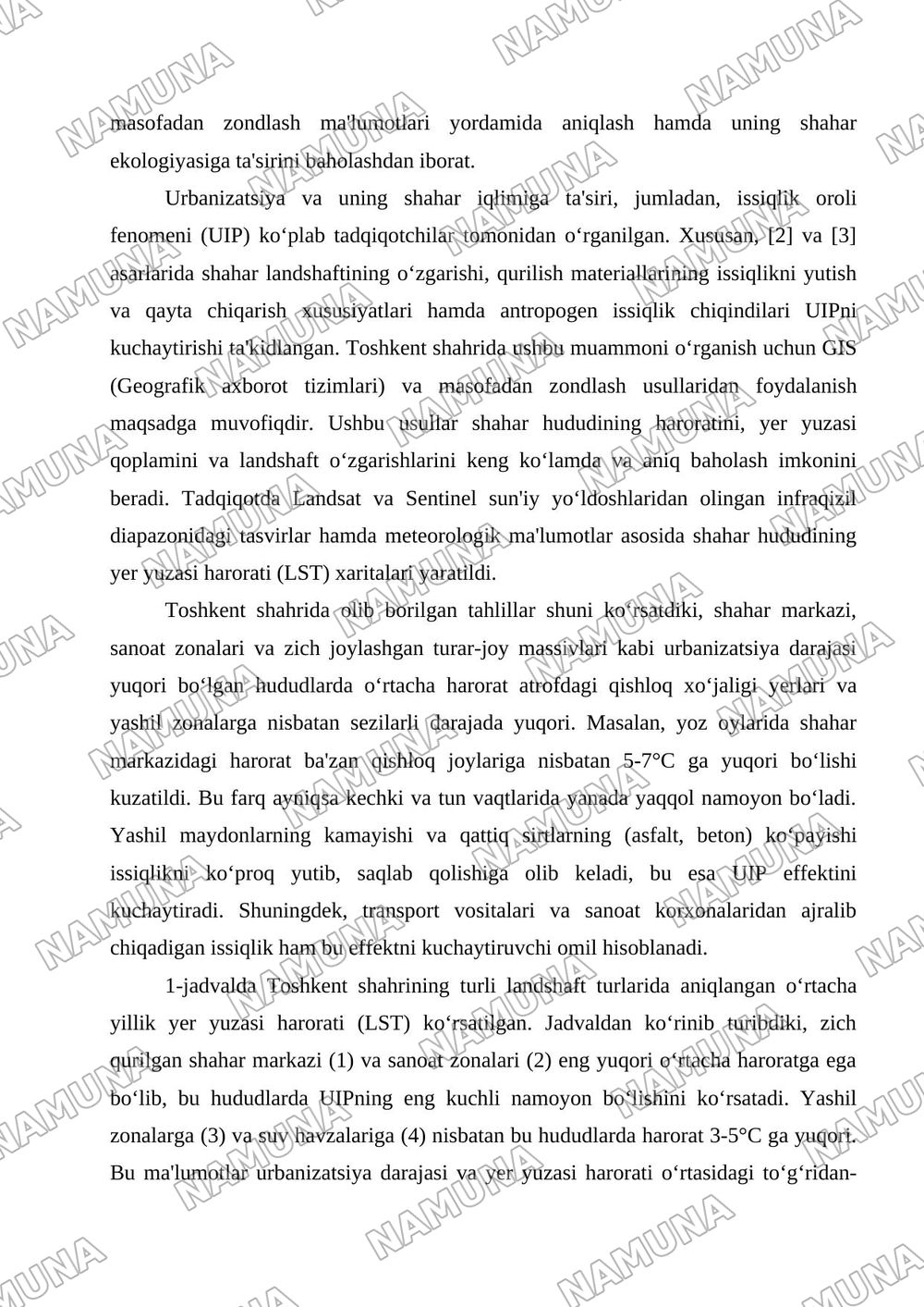 1.Toshkent shahrida urbanization va issiqlik oroli fenomenining ekologik holatga ta'sirini GIS va masofadan zondlas usuli asosida baxolash — tezis, 2-varaq