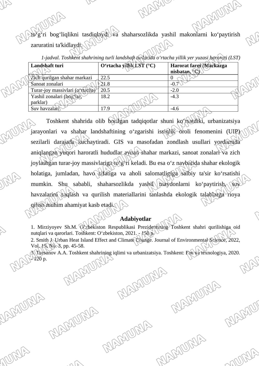 1.Toshkent shahrida urbanization va issiqlik oroli fenomenining ekologik holatga ta'sirini GIS va masofadan zondlas usuli asosida baxolash — tezis, 3-varaq