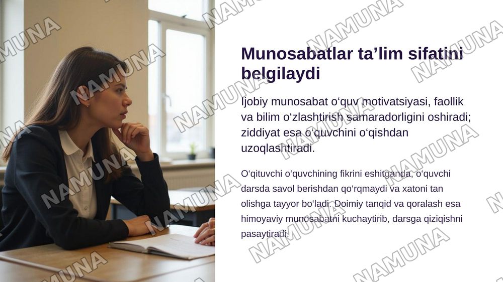 “O‘qituvchi–o‘quvchi” munosabatlariga oid pedagogik vaziyatlarni ishlab chiqish va ularga psixologik-pedagogik yechimlar taklif etish. — zamonaviy taqdimot, 3-slayd