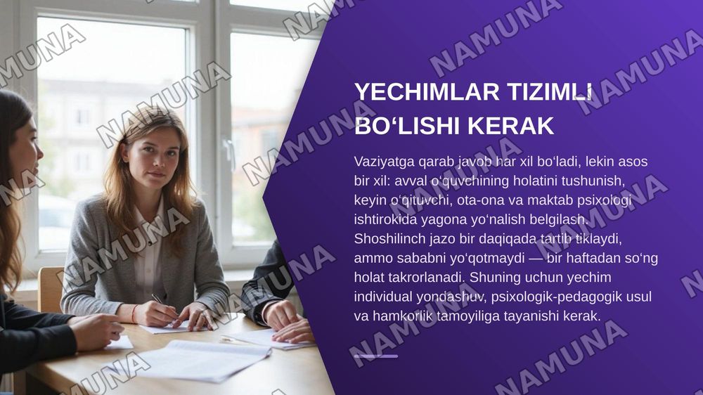 “O‘qituvchi–o‘quvchi” munosabatlariga oid pedagogik vaziyatlarni ishlab chiqish va ularga psixologik-pedagogik yechimlar taklif etish. — zamonaviy taqdimot, 6-slayd