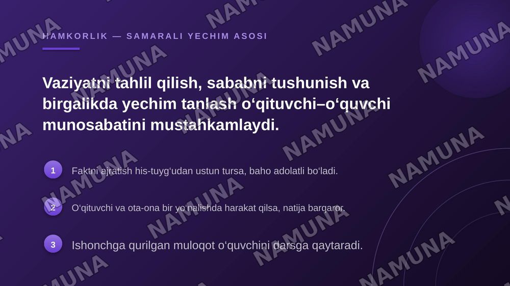 “O‘qituvchi–o‘quvchi” munosabatlariga oid pedagogik vaziyatlarni ishlab chiqish va ularga psixologik-pedagogik yechimlar taklif etish. — zamonaviy taqdimot, 7-slayd