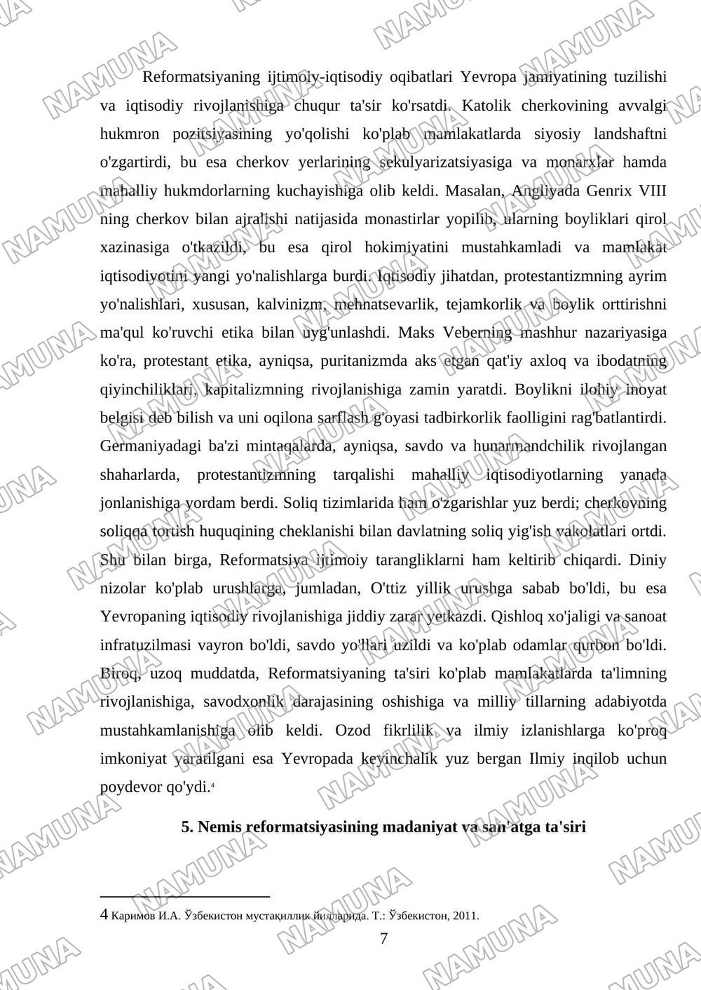 Nemis reformatsiyasi va uning g'oyaviy yetakchilari — mustaqil ish, 7-varaq