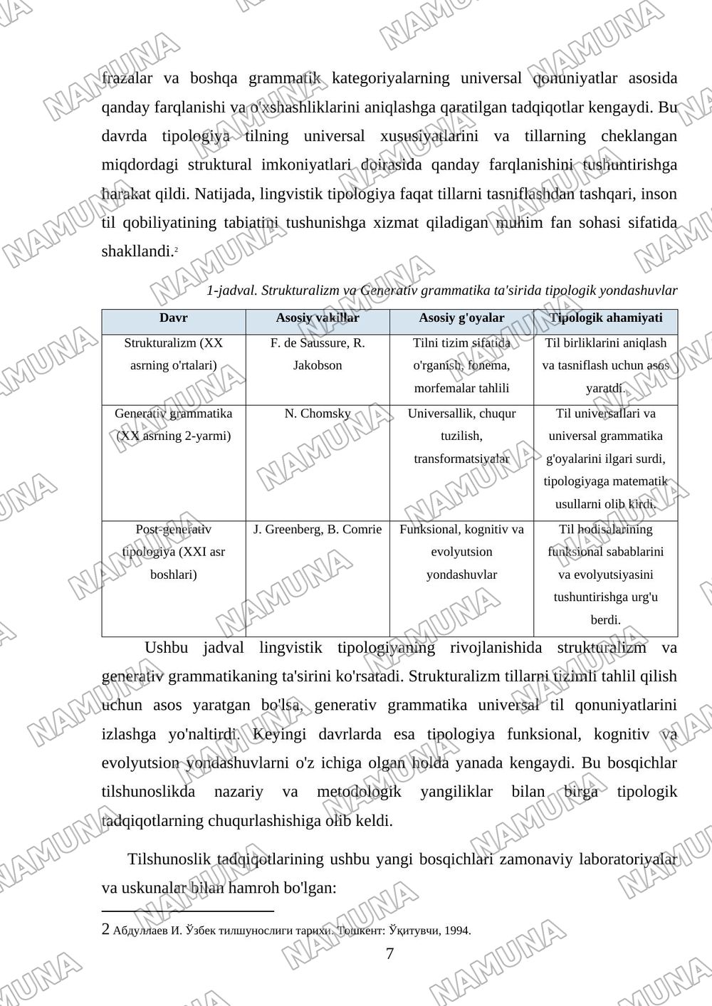 Lingvistik tipologiyaning shakllanishi va rivojlanish bosqichlari (Xronologik jadval tuzish va bosqichlarni sharhlash yakka tartibda) — mustaqil ish, 7-varaq