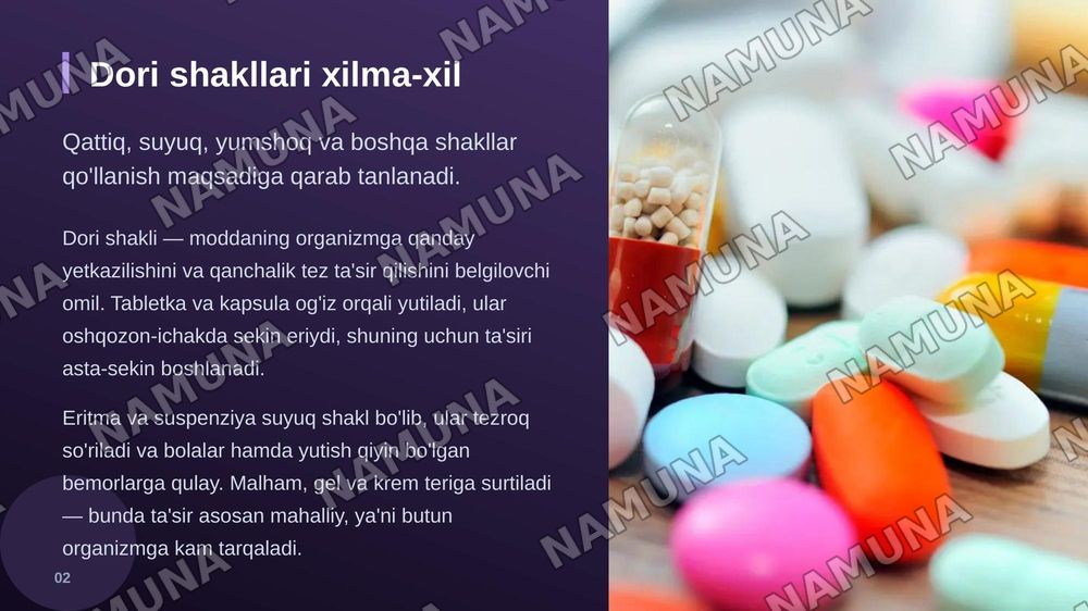 Dori vositalari va ulardan foydalanish usullari. Dori vositalarining shakli, saqlash shartlari. Davolash rejimi, yuborish usullari. Eng keng tarqalgan nojo'ya tasvirlar va asoratlar — zamonaviy taqdimot, 3-slayd