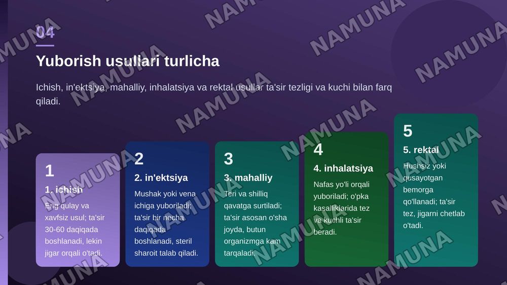 Dori vositalari va ulardan foydalanish usullari. Dori vositalarining shakli, saqlash shartlari. Davolash rejimi, yuborish usullari. Eng keng tarqalgan nojo'ya tasvirlar va asoratlar — zamonaviy taqdimot, 5-slayd