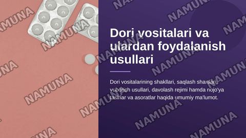 Dori vositalari va ulardan foydalanish usullari. Dori vositalarining shakli, saqlash shartlari. Davolash rejimi, yuborish usullari. Eng keng tarqalgan nojo'ya tasvirlar va asoratlar — zamonaviy taqdimot