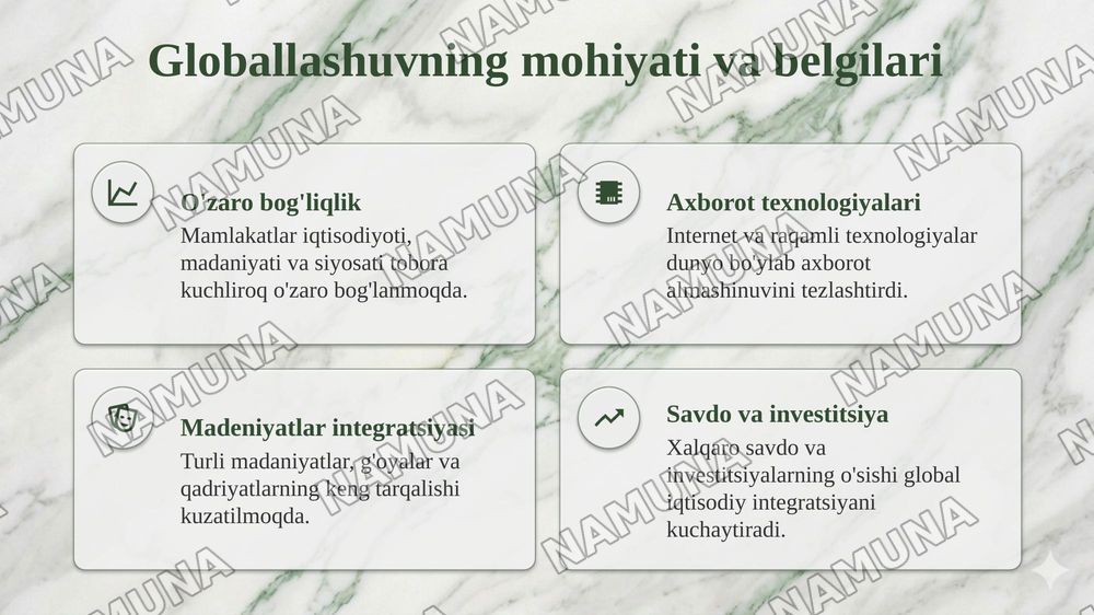 Globallashuv jarayonlari va uning zamonaviy sharoitlarda tarbiyaga ta'siri.Yoshlarda ilmiy va umummadaniy dunyoqarashi shakllantirish zarurati — taqdimot, 4-slayd