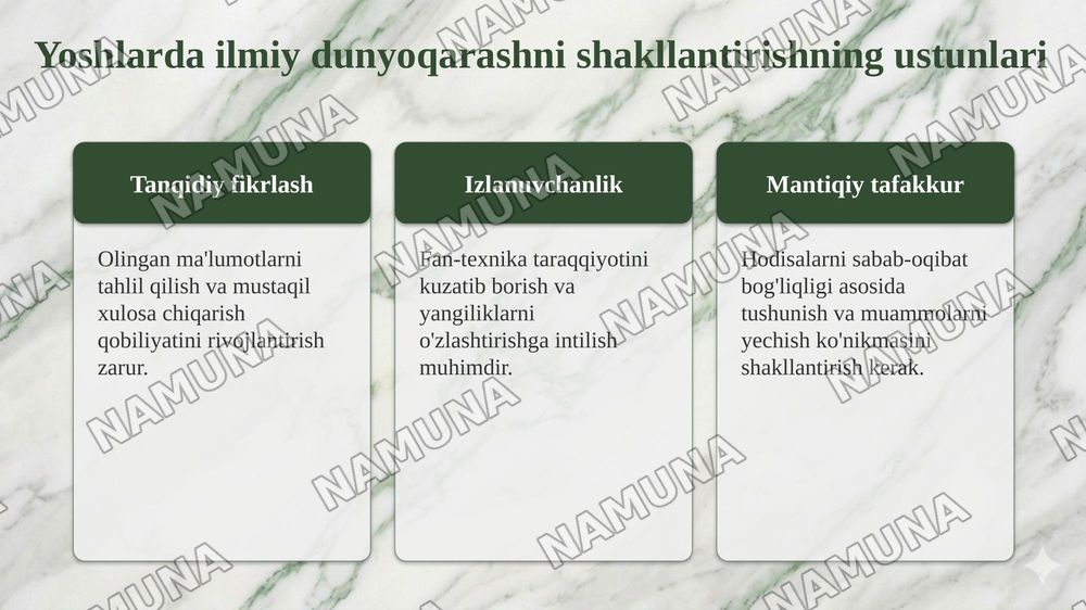 Globallashuv jarayonlari va uning zamonaviy sharoitlarda tarbiyaga ta'siri.Yoshlarda ilmiy va umummadaniy dunyoqarashi shakllantirish zarurati — taqdimot, 7-slayd