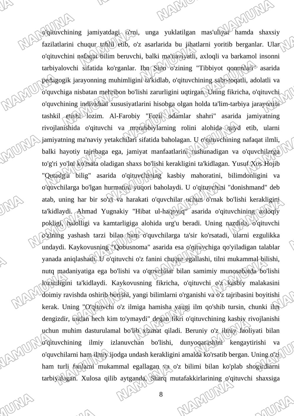 Sharq mutafakkirlarining kaspiy pedagogik faoliyatini shakllantirishga oid qarashlar — referat, 8-varaq