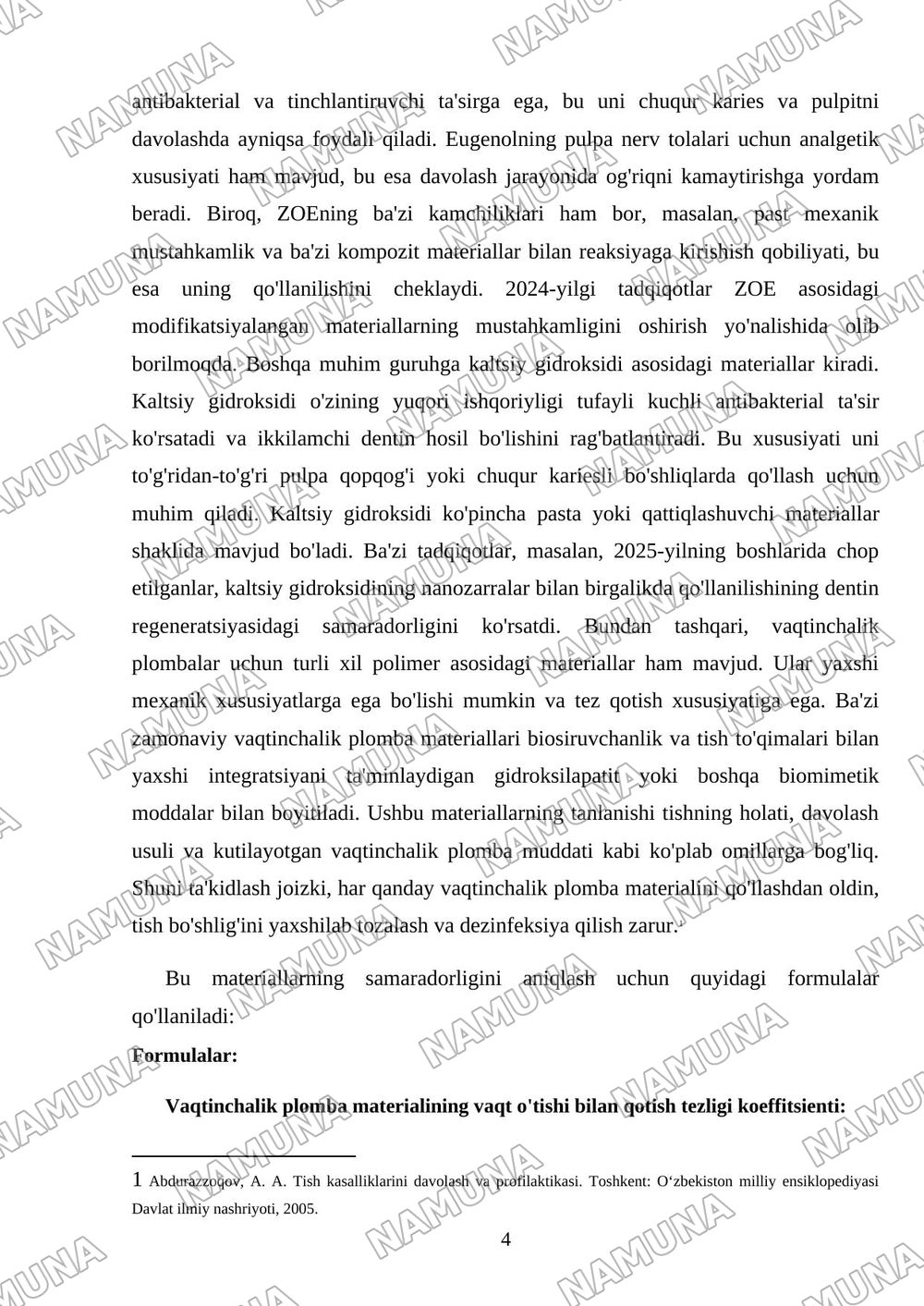 Plomba Ashyolari Tasnifi: Vaqtinchalik Plomba Ashyolari va Bog‘lovchi Materiallar — mustaqil ish, 4-varaq