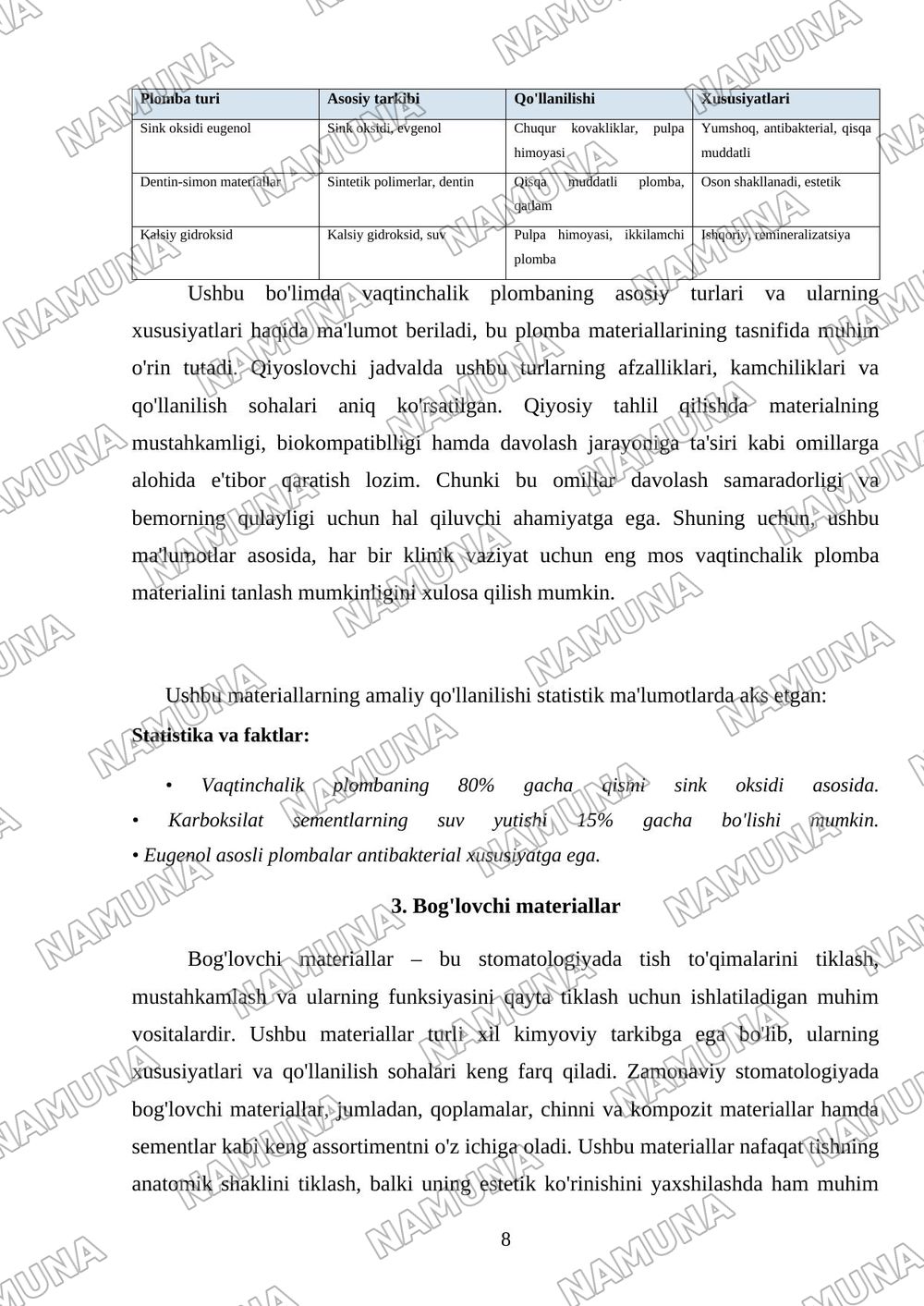 Plomba Ashyolari Tasnifi: Vaqtinchalik Plomba Ashyolari va Bog‘lovchi Materiallar — mustaqil ish, 8-varaq