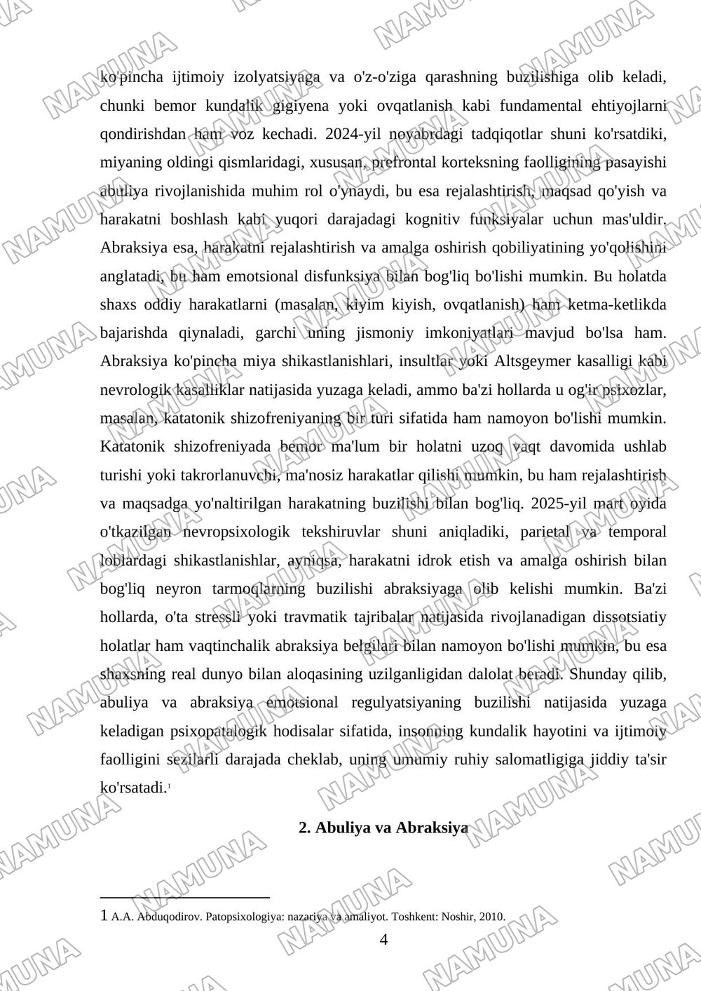 Emotsional xolatlarda psixopatalagik hodisalar uning mohiyati. Abuliya va Abraksiya. — mustaqil ish, 4-varaq
