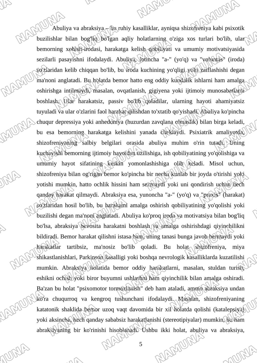 Emotsional xolatlarda psixopatalagik hodisalar uning mohiyati. Abuliya va Abraksiya. — mustaqil ish, 5-varaq
