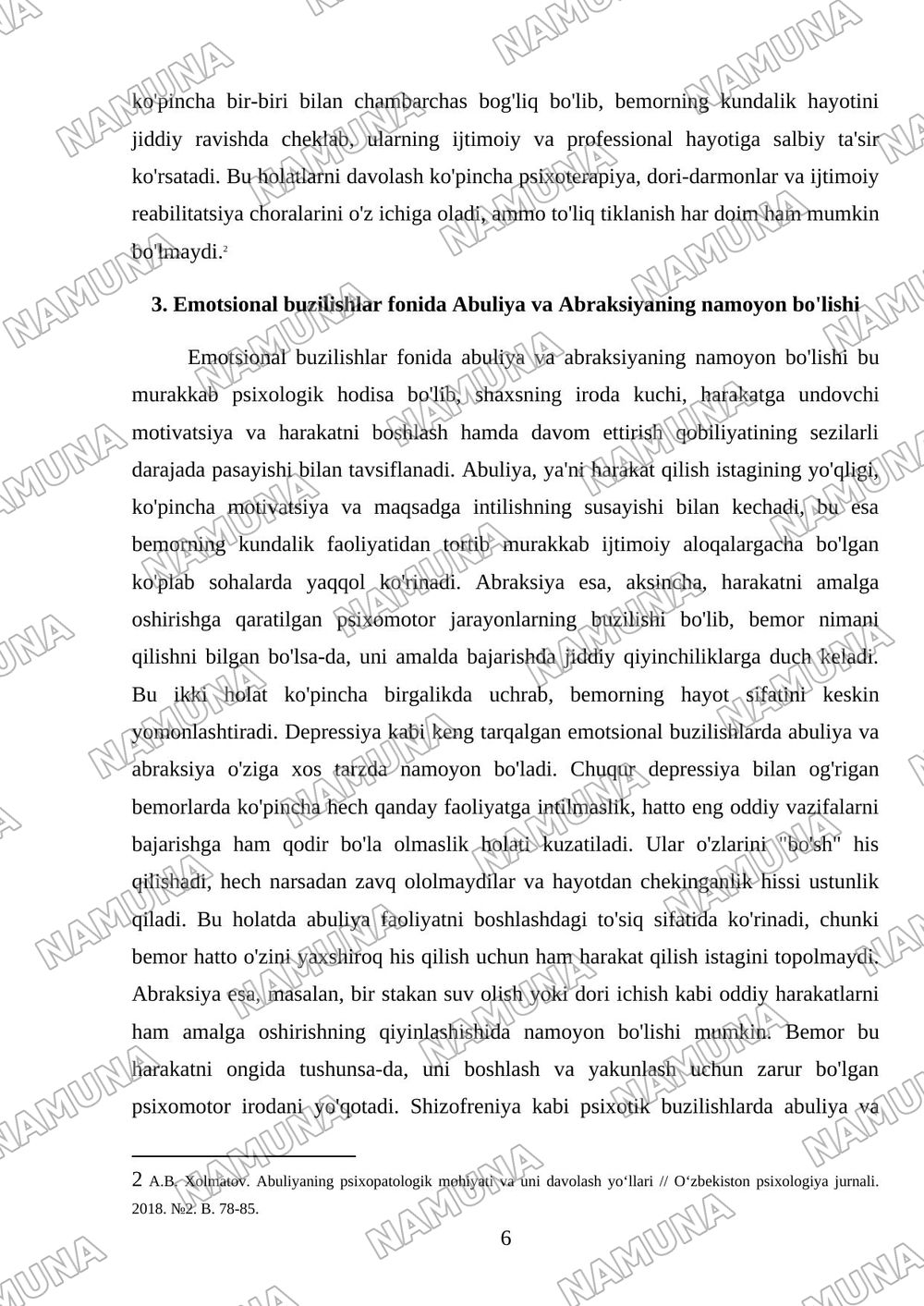 Emotsional xolatlarda psixopatalagik hodisalar uning mohiyati. Abuliya va Abraksiya. — mustaqil ish, 6-varaq