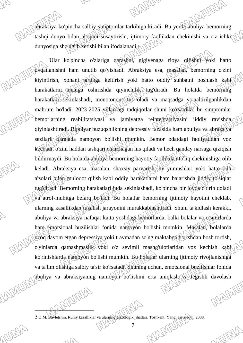 Emotsional xolatlarda psixopatalagik hodisalar uning mohiyati. Abuliya va Abraksiya. — mustaqil ish, 7-varaq