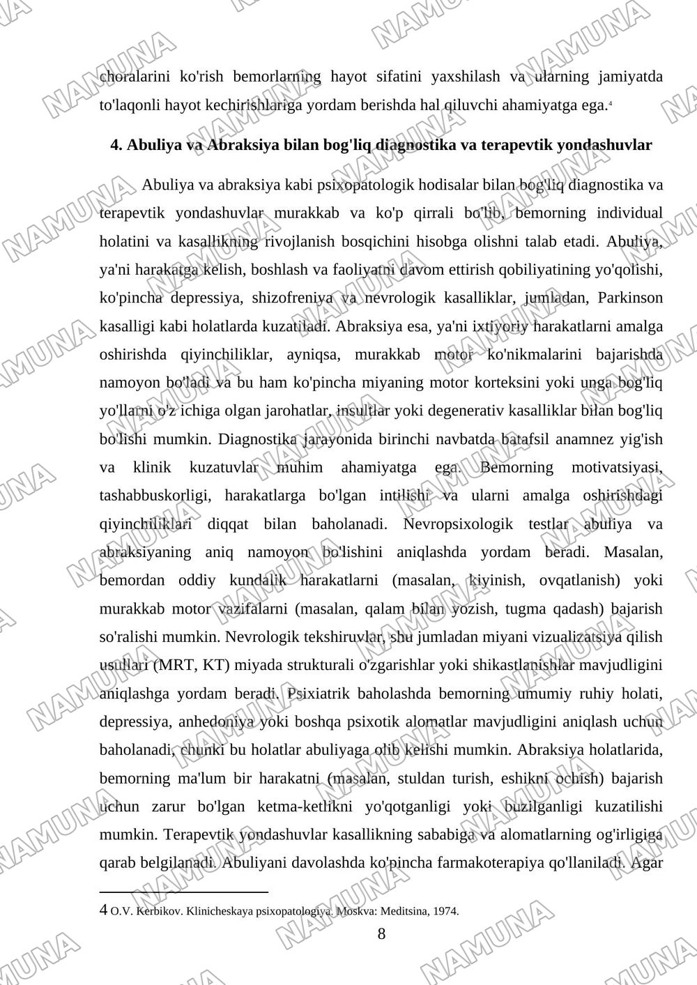 Emotsional xolatlarda psixopatalagik hodisalar uning mohiyati. Abuliya va Abraksiya. — mustaqil ish, 8-varaq