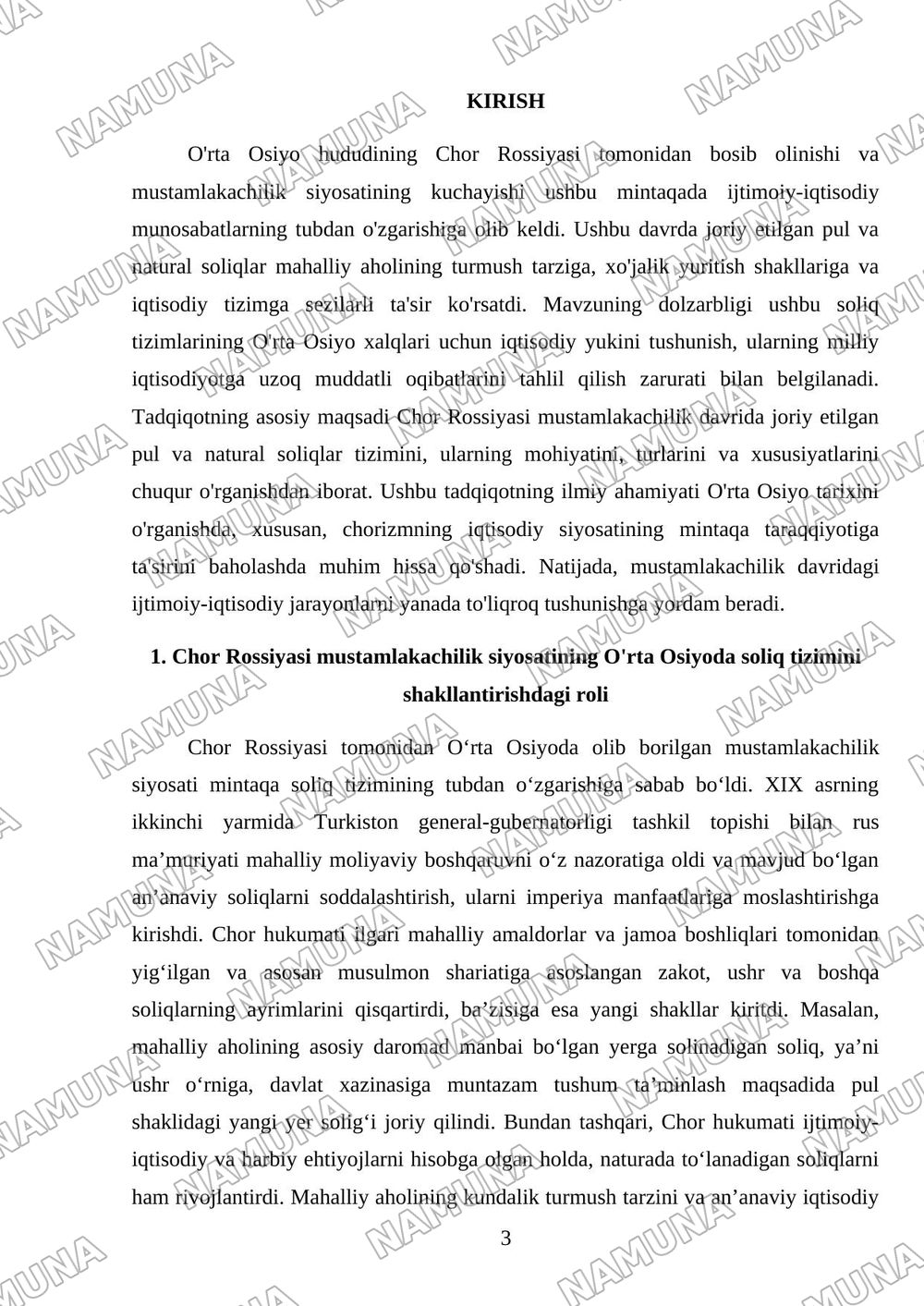 Chor Rossiyasi mustamlakachilikdavrida joriy etilgan pul va naturalsoliqlar hamda ularningxususiyatlar — mustaqil ish, 3-varaq