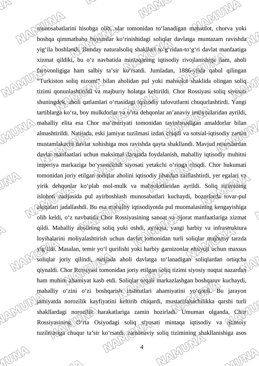 Chor Rossiyasi mustamlakachilikdavrida joriy etilgan pul va naturalsoliqlar hamda ularningxususiyatlar — mustaqil ish, 4-varaq