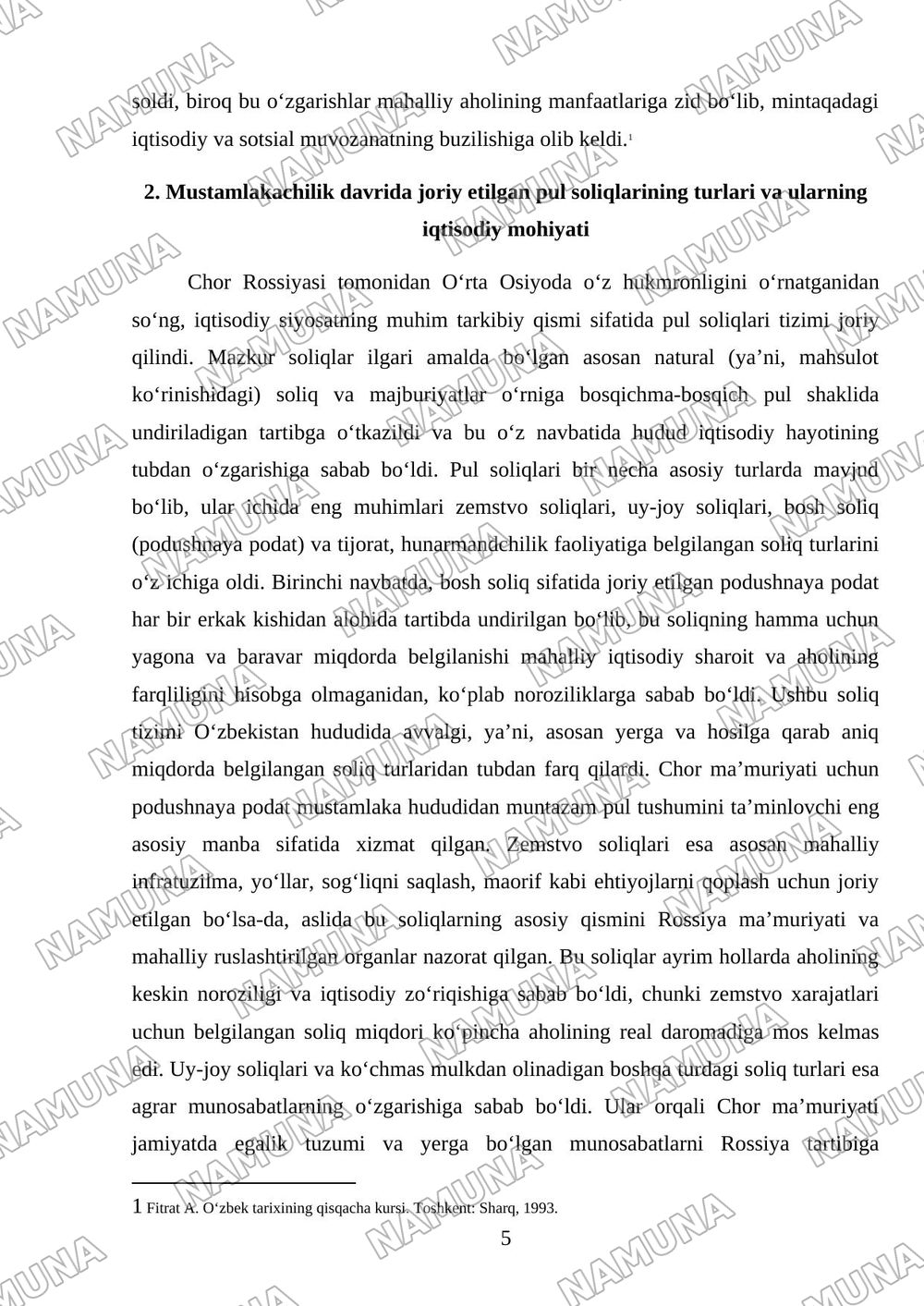 Chor Rossiyasi mustamlakachilikdavrida joriy etilgan pul va naturalsoliqlar hamda ularningxususiyatlar — mustaqil ish, 5-varaq