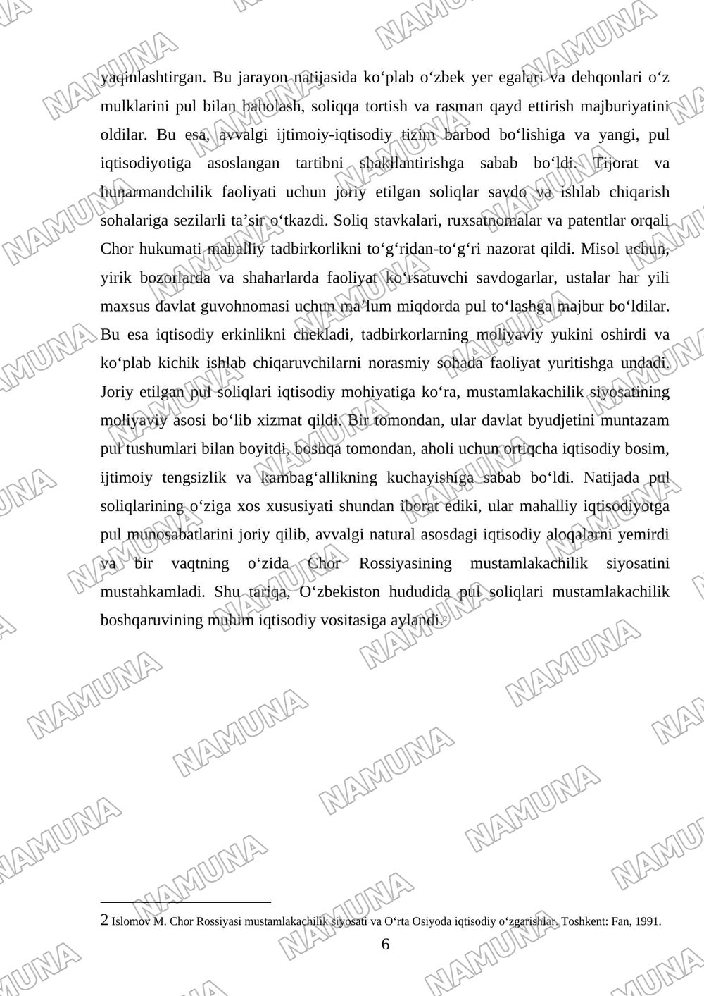 Chor Rossiyasi mustamlakachilikdavrida joriy etilgan pul va naturalsoliqlar hamda ularningxususiyatlar — mustaqil ish, 6-varaq