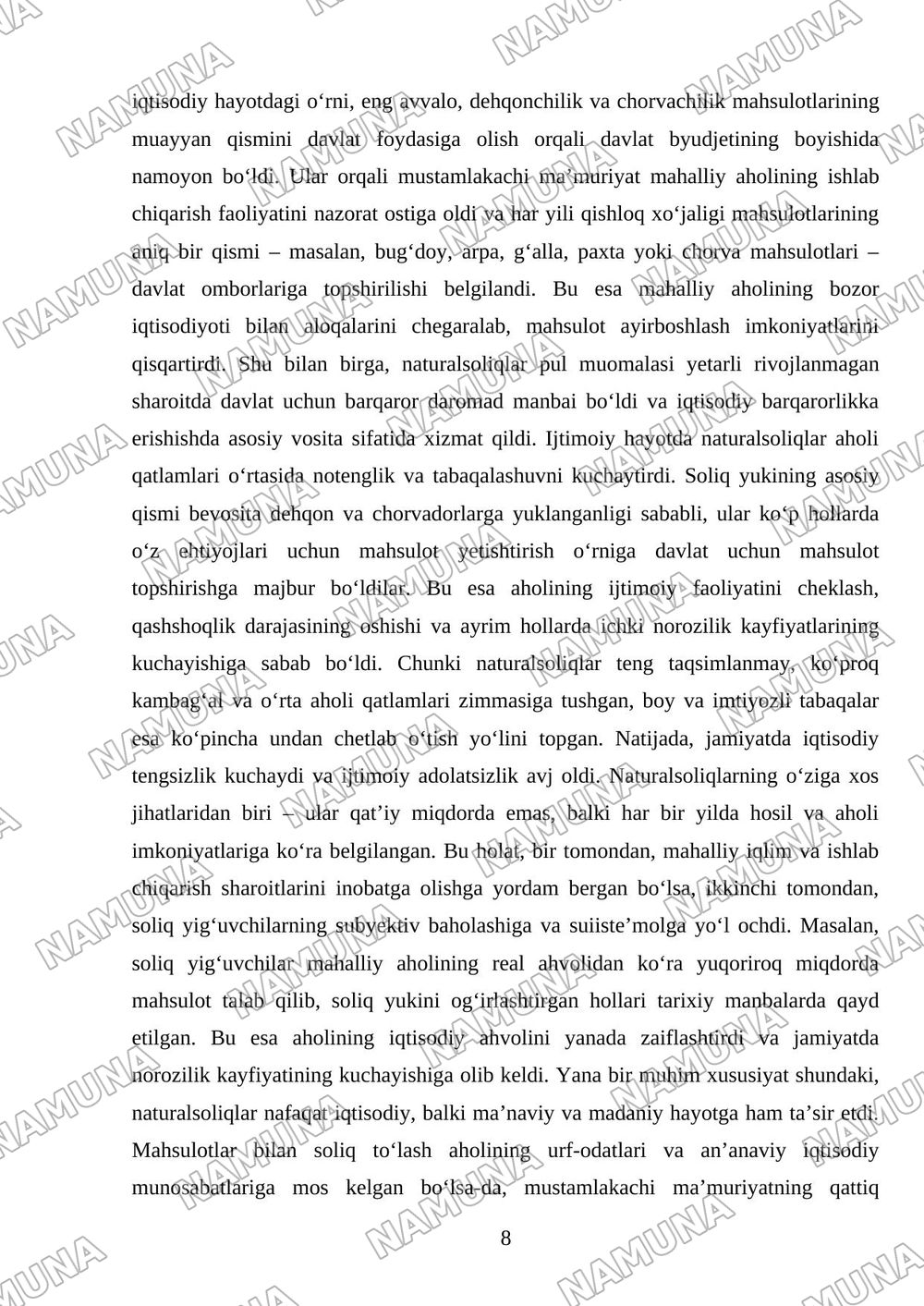 Chor Rossiyasi mustamlakachilikdavrida joriy etilgan pul va naturalsoliqlar hamda ularningxususiyatlar — mustaqil ish, 8-varaq