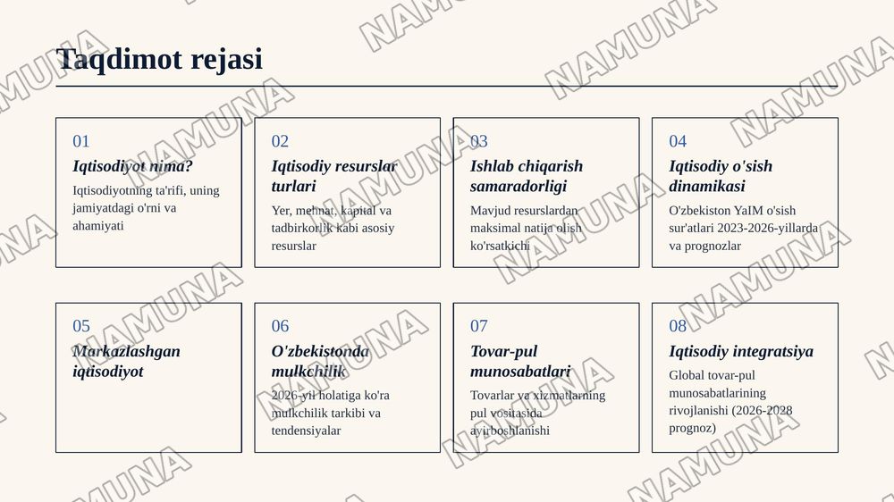 ﻿1.Iqtisodiyotga kirish
﻿﻿﻿2. Ishlab chiqarish jarayoni va uning natijalari
﻿﻿﻿3. Iqtisodiy tizimlar va mulkchilik
﻿﻿﻿4. Tovar-pul munosabatlari — zamonaviy taqdimot, 2-slayd