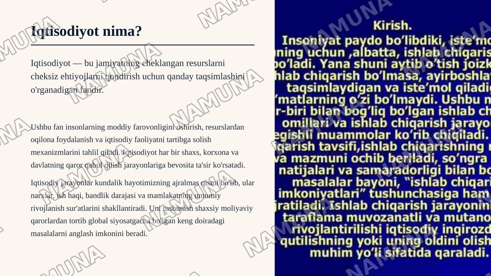 ﻿1.Iqtisodiyotga kirish
﻿﻿﻿2. Ishlab chiqarish jarayoni va uning natijalari
﻿﻿﻿3. Iqtisodiy tizimlar va mulkchilik
﻿﻿﻿4. Tovar-pul munosabatlari — zamonaviy taqdimot, 3-slayd