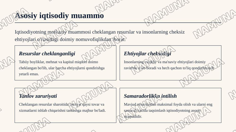 ﻿1.Iqtisodiyotga kirish
﻿﻿﻿2. Ishlab chiqarish jarayoni va uning natijalari
﻿﻿﻿3. Iqtisodiy tizimlar va mulkchilik
﻿﻿﻿4. Tovar-pul munosabatlari — zamonaviy taqdimot, 4-slayd