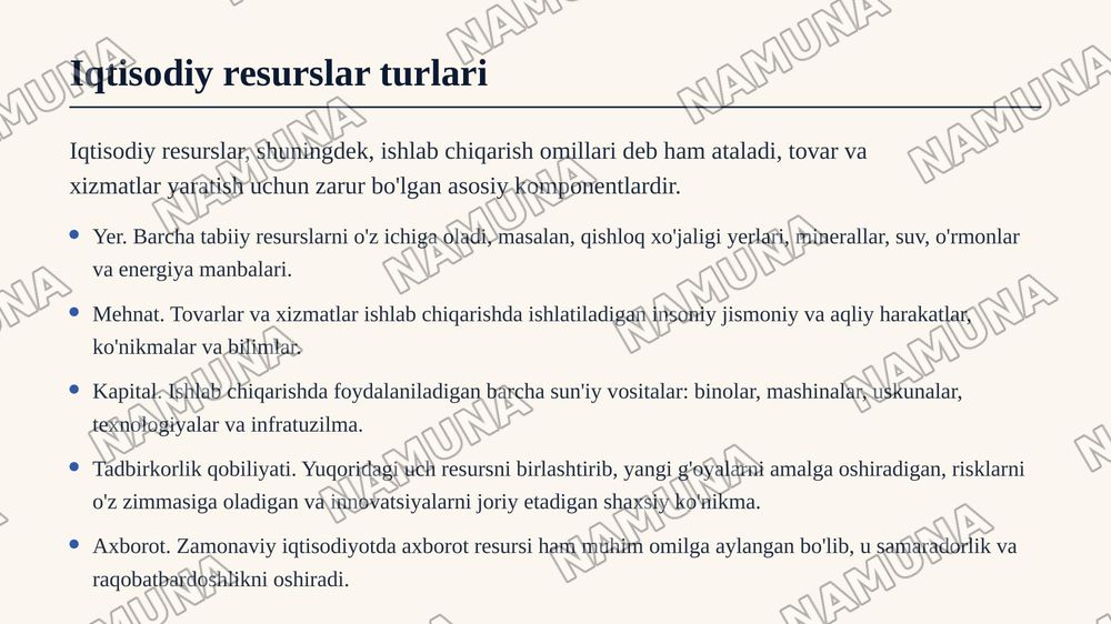 ﻿1.Iqtisodiyotga kirish
﻿﻿﻿2. Ishlab chiqarish jarayoni va uning natijalari
﻿﻿﻿3. Iqtisodiy tizimlar va mulkchilik
﻿﻿﻿4. Tovar-pul munosabatlari — zamonaviy taqdimot, 6-slayd