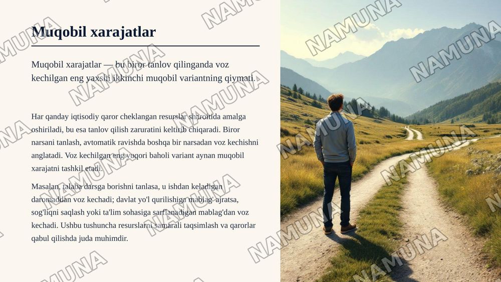 ﻿1.Iqtisodiyotga kirish
﻿﻿﻿2. Ishlab chiqarish jarayoni va uning natijalari
﻿﻿﻿3. Iqtisodiy tizimlar va mulkchilik
﻿﻿﻿4. Tovar-pul munosabatlari — zamonaviy taqdimot, 7-slayd