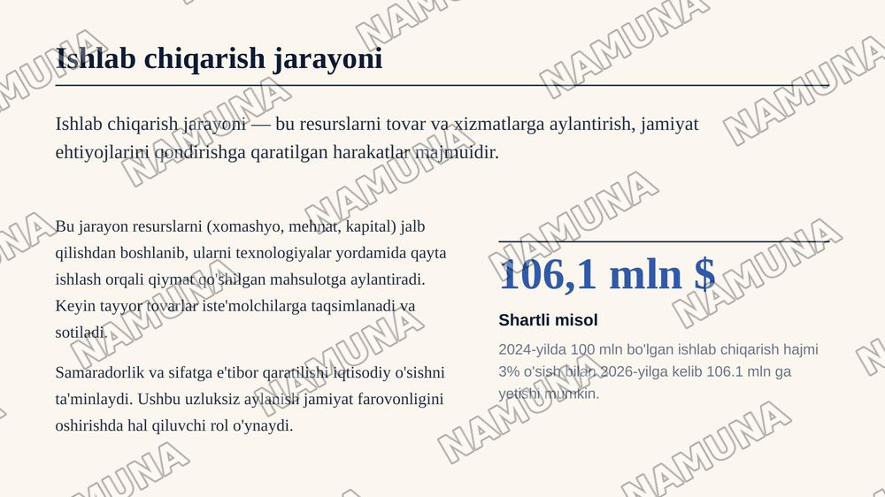 ﻿1.Iqtisodiyotga kirish
﻿﻿﻿2. Ishlab chiqarish jarayoni va uning natijalari
﻿﻿﻿3. Iqtisodiy tizimlar va mulkchilik
﻿﻿﻿4. Tovar-pul munosabatlari — zamonaviy taqdimot, 8-slayd