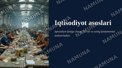 ﻿1.Iqtisodiyotga kirish
﻿﻿﻿2. Ishlab chiqarish jarayoni va uning natijalari
﻿﻿﻿3. Iqtisodiy tizimlar va mulkchilik
﻿﻿﻿4. Tovar-pul munosabatlari — zamonaviy taqdimot
