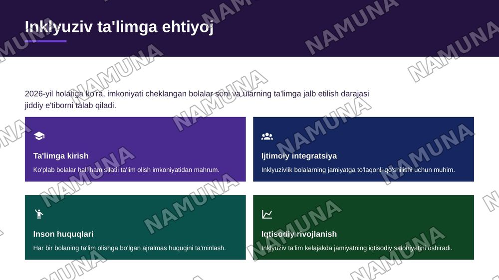 Imkoniyati cheklangan bolalarni inklyuziv va integratsiyalangan ta'limga jalb etish, inklyuziv ta'limga bo'lgan extiyojlar va sabablari. — zamonaviy taqdimot, 3-slayd