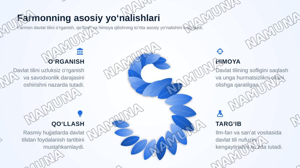 Oʻzbek tilining davlat tili sifatidagi nufuzini oshirishga qaratilgan farmon va qarorlarning mazmun- mohiyati — zamonaviy taqdimot, 6-slayd