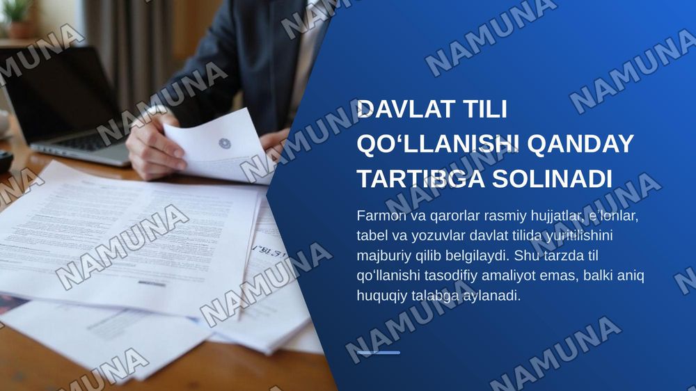 Oʻzbek tilining davlat tili sifatidagi nufuzini oshirishga qaratilgan farmon va qarorlarning mazmun- mohiyati — zamonaviy taqdimot, 7-slayd