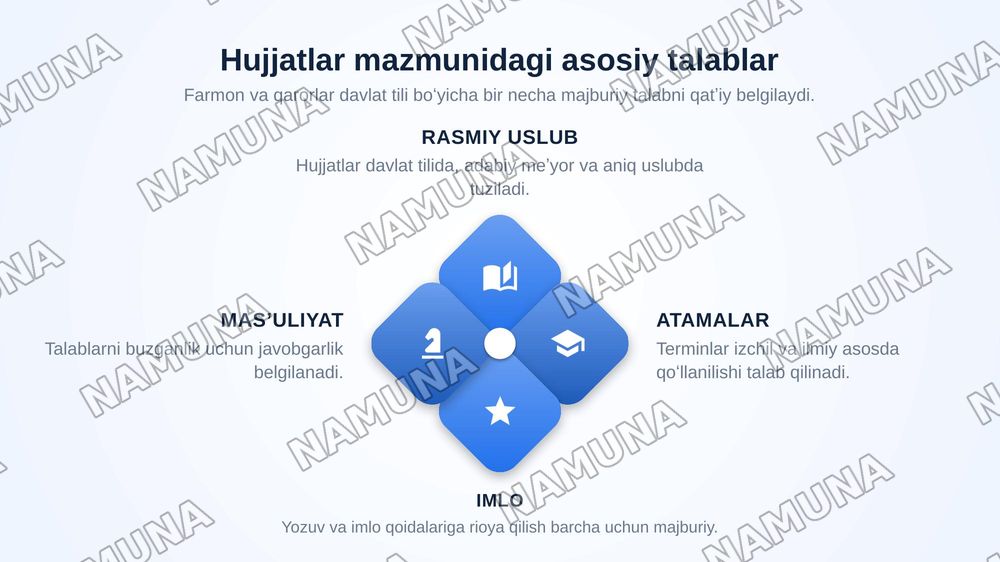 Oʻzbek tilining davlat tili sifatidagi nufuzini oshirishga qaratilgan farmon va qarorlarning mazmun- mohiyati — zamonaviy taqdimot, 8-slayd