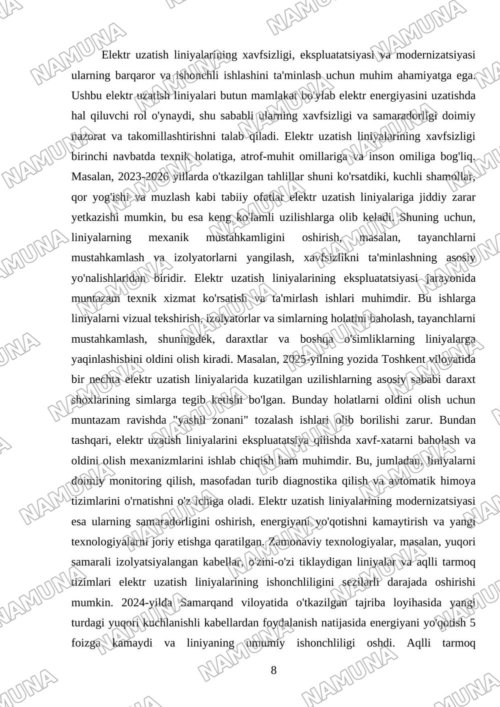 Elektr uzatish linyalarining tuzulishi — mustaqil ish, 8-varaq