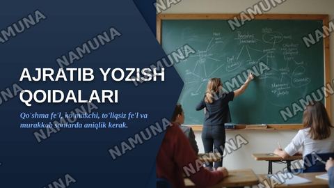 Ajratib yozish. Qo'shma fe'lning qismlari, ko'makchi va
to'liqsiz fe'llarning ajratib yozilishi. Murakkab sonlarning
ajratib yozilishi. Belgining ortiqlik darajasini bildiruvchi
so'zlarning ajratib yozilishi — zamonaviy taqdimot