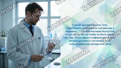 Сделай презинтацию на тему "Применение полимерных материалов в медицине." . Это презинтация было чтоб я сам сделал без ии чтобы не было много ии узор только фото и информация и чуть дизайн красивее и состоящей из 15 слайдов добавляя интересных фото — taqdimot