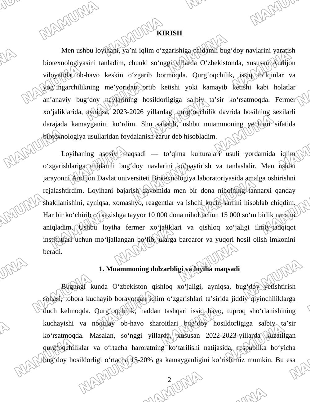 Iqlim oʻzgarishiga chidamli oʻsimliklarni yaratishda biotexnologiya — loyiha ishi, 2-varaq