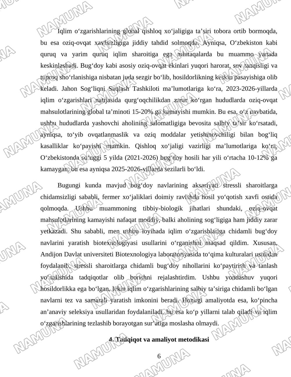 Iqlim oʻzgarishiga chidamli oʻsimliklarni yaratishda biotexnologiya — loyiha ishi, 6-varaq